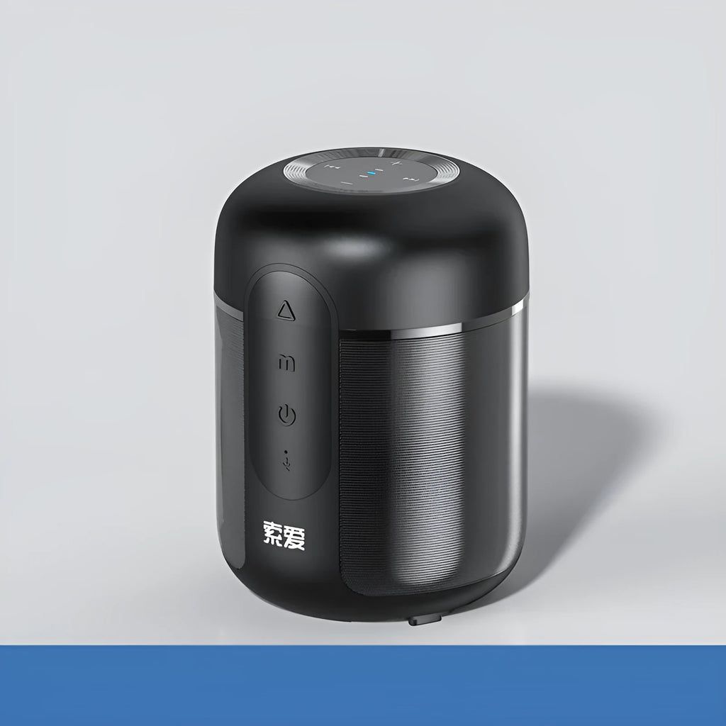 Black portable Bluetooth speaker showing front grille, 30W power, and compact 72mm by 99mm size.