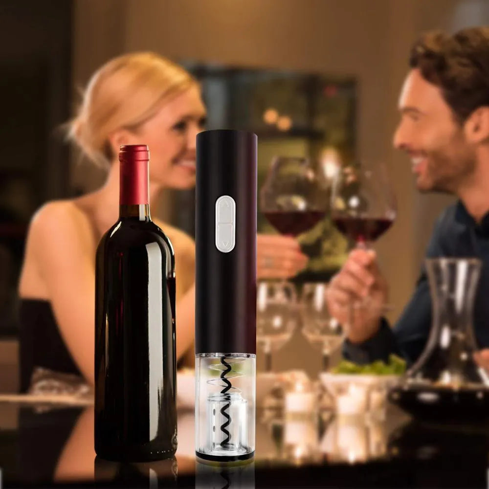 Black automatic electric wine opener kit with foil cutter and transparent body section
