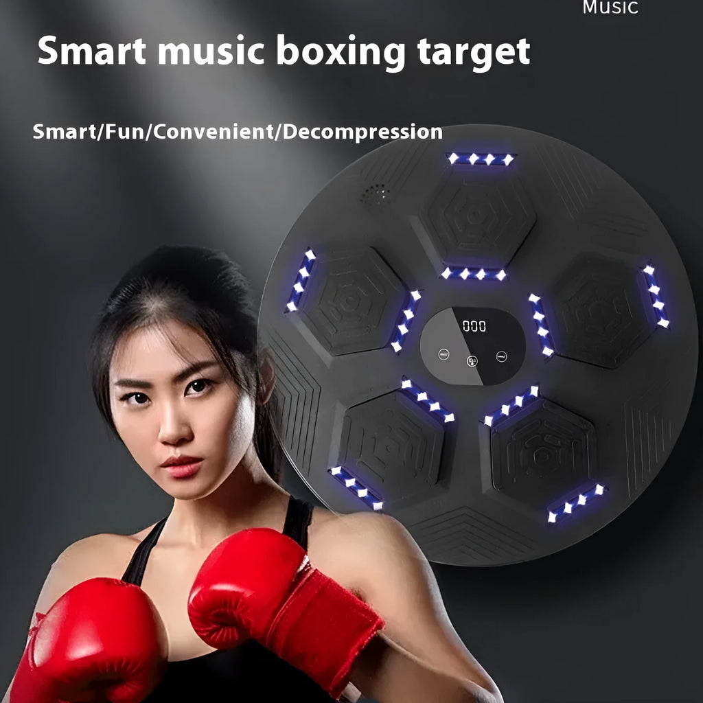 Smart music boxing machine reaction target hanging on wall with boxing gloves