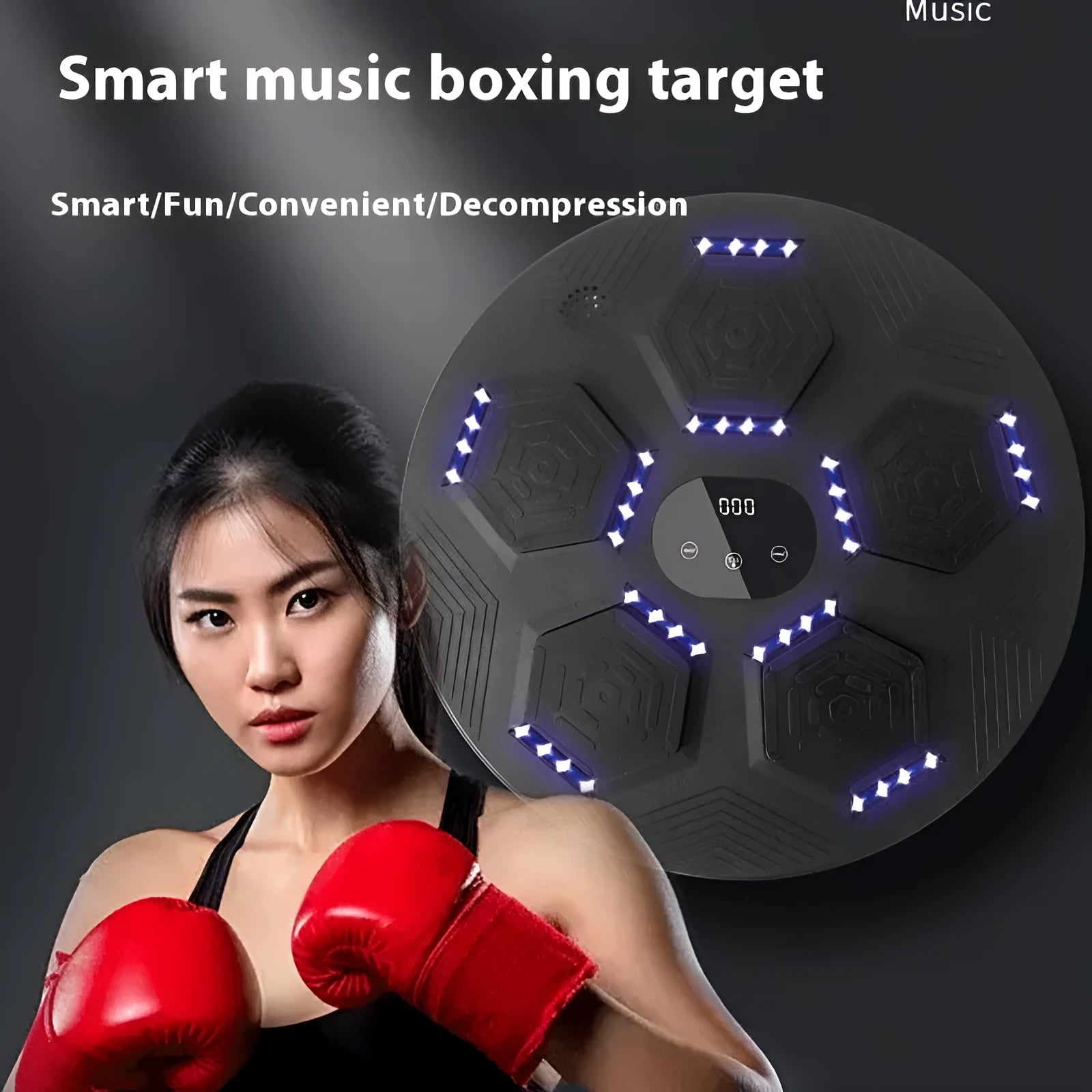 Smart music boxing machine reaction target hanging on wall with boxing gloves
