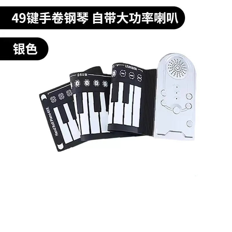 49 key portable folding electronic keyboard in gloss black colour showing compact folded size and included accessories