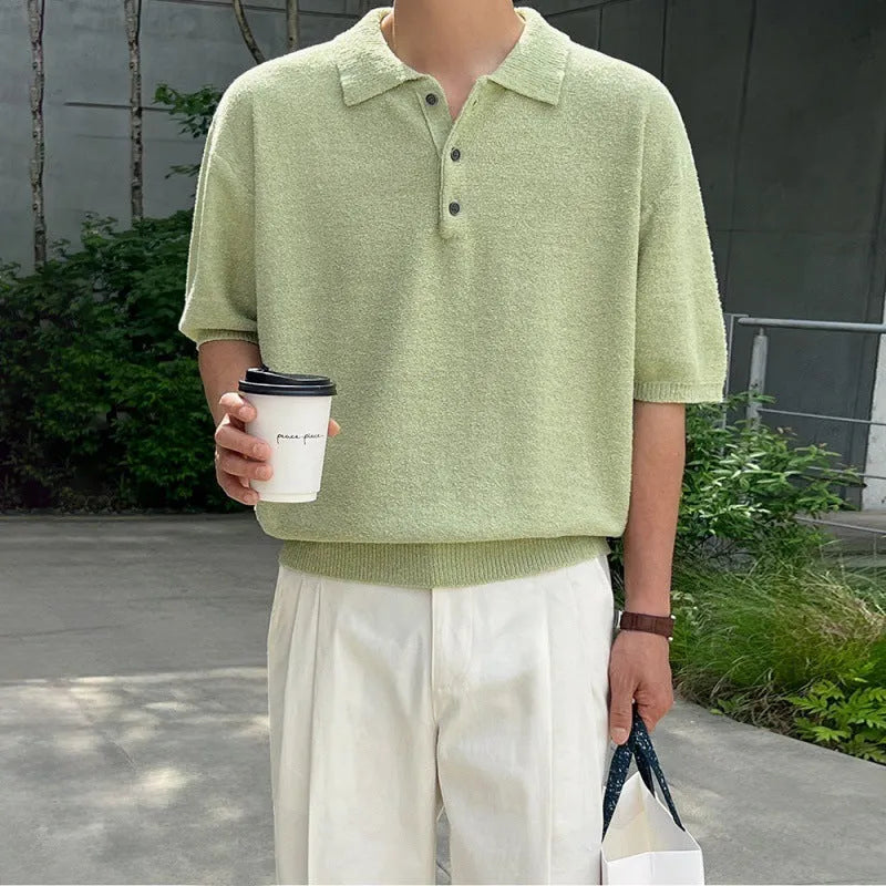 Men's retro knitted polo shirt with asymmetrical design in caramel colour, short sleeves, loose fit