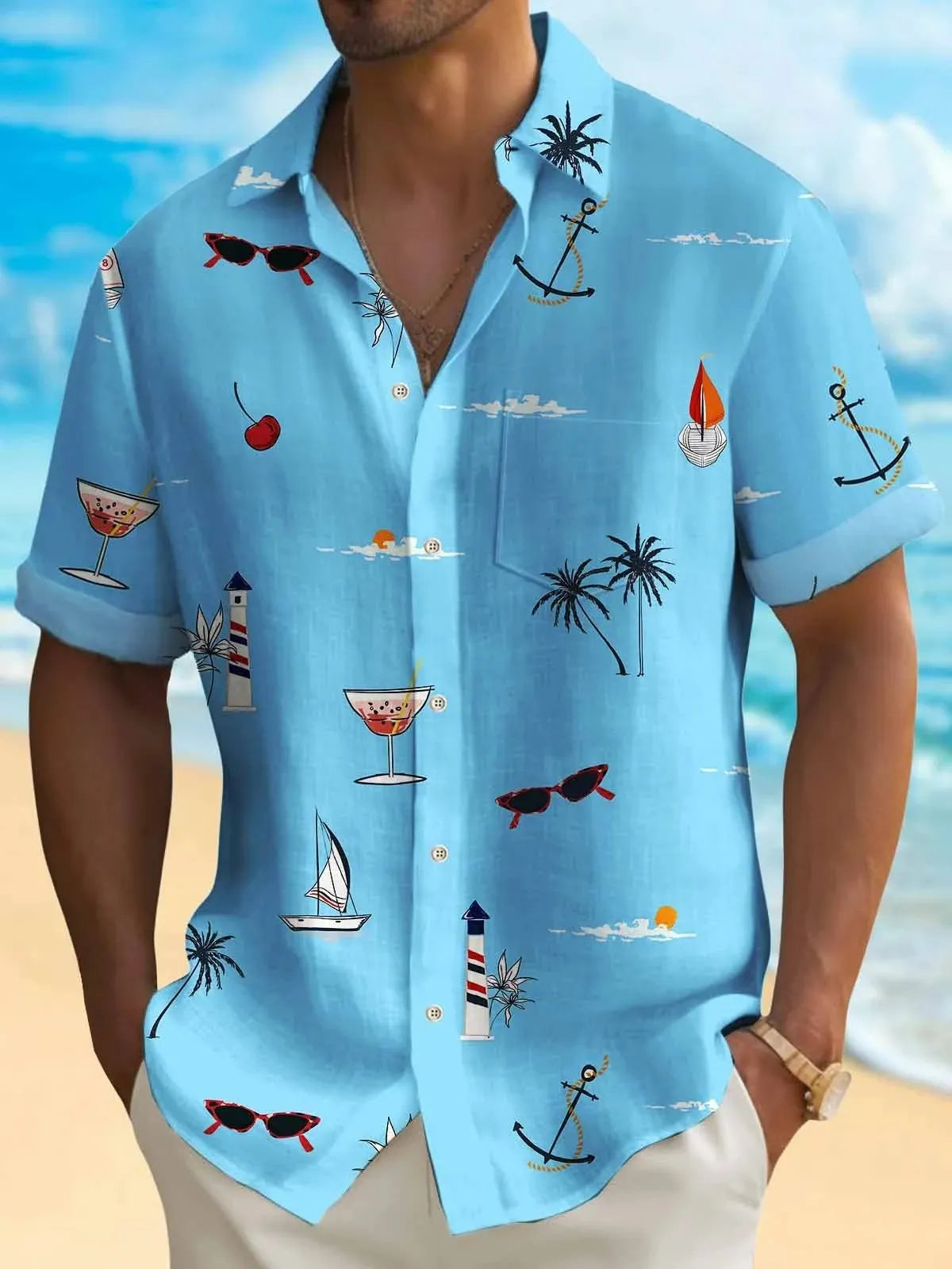 Man wearing a loose-fit short-sleeve Hawaiian shirt with a colourful digital print pattern.