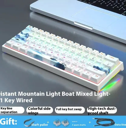 Blue and white 61-key compact mechanical keyboard with hot-swappable switches on black background