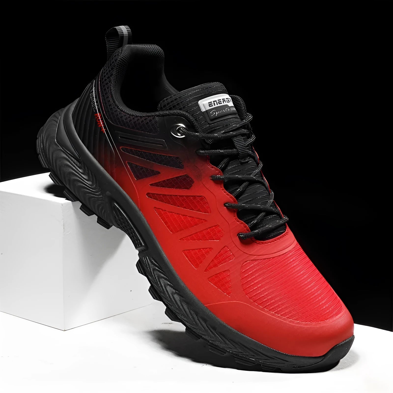 Men's black plus size outdoor running shoes with breathable mesh upper and lace-up design