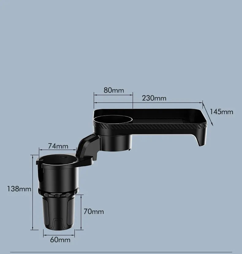 Black ABS plastic car cup holder with 360-degree rotating dinner plate on vehicle dashboard