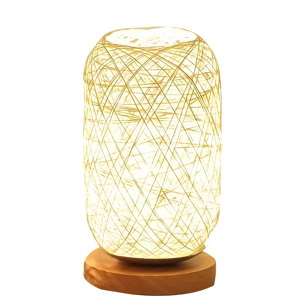 Brown hemp rope wrapped desk lamp with solid wood base and Sepak Takraw ball design