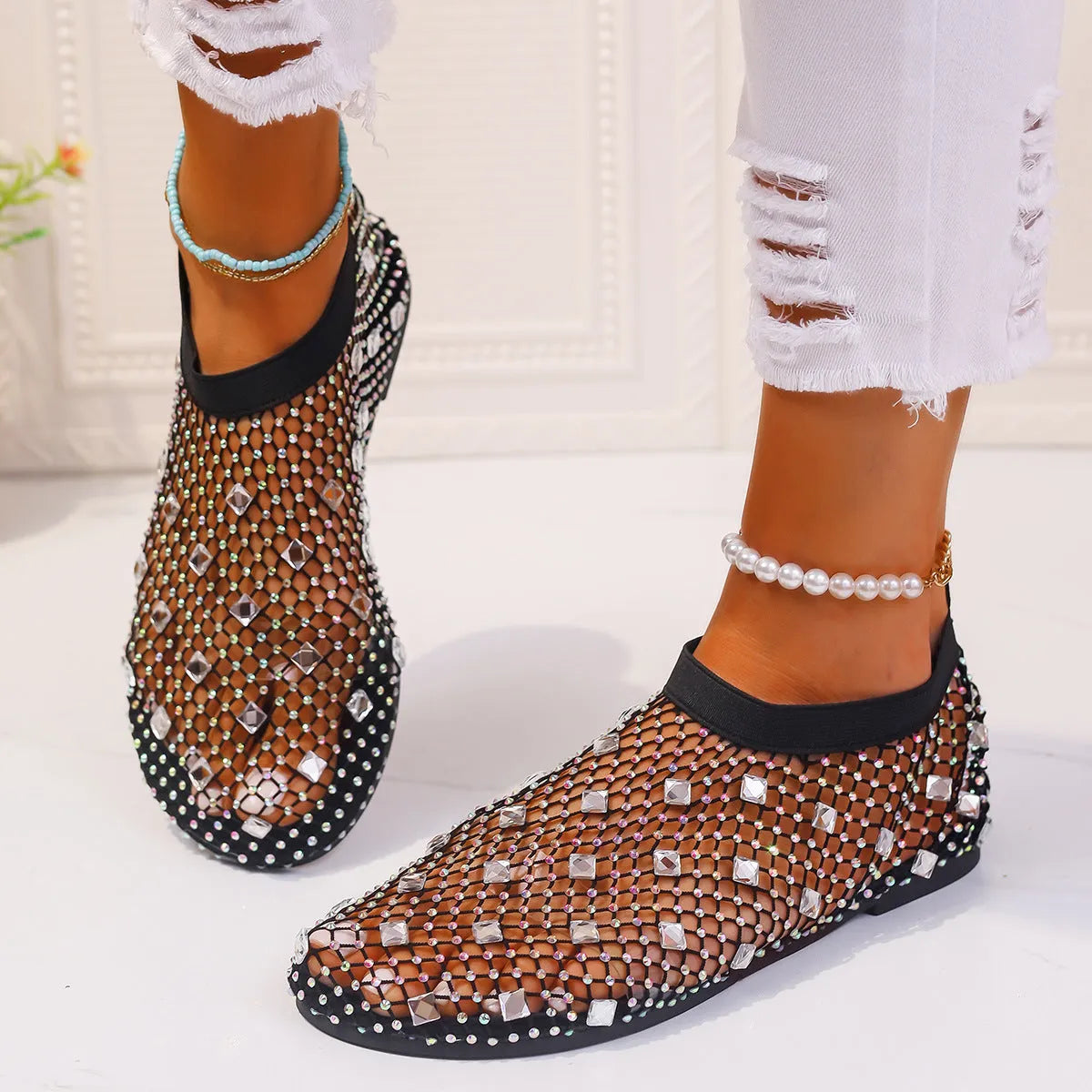 Women's mesh flat sandals with colourful rhinestone decoration and round toe design