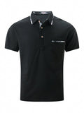 Men's short sleeve lapel polo shirt with dot pattern, available in black, wine red, sky blue and pink, sizes S to XXXL.