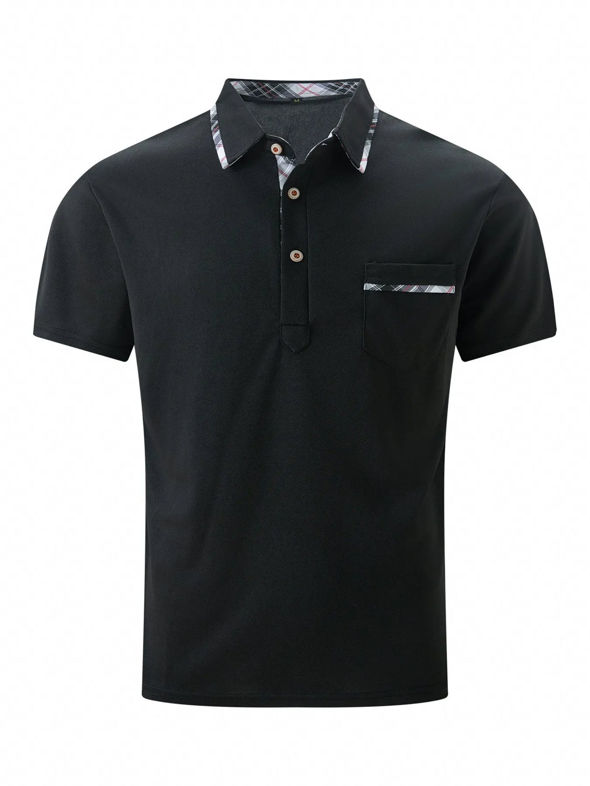 Men's short sleeve lapel polo shirt with dot pattern, available in black, wine red, sky blue and pink, sizes S to XXXL.