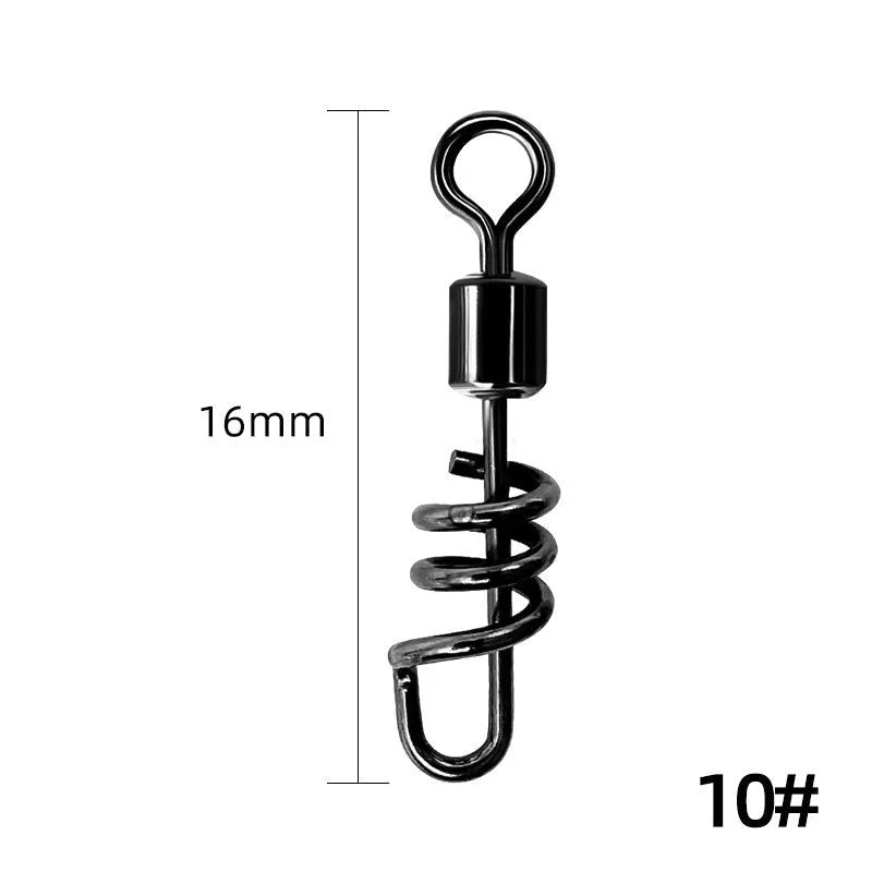8-shaped stainless steel fishing swivel connector showing rotating mechanism and dual connection points