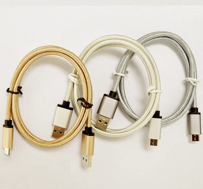USB 3.0 to USB-C braided charging cable with metal plugs in gold, grey, and silver colour options