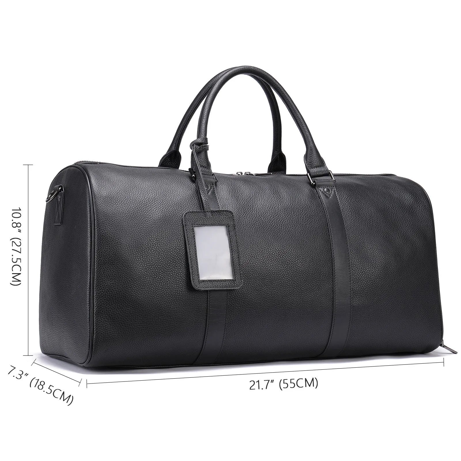 Men's black leather tote bag with single adjustable strap showing interior capacity