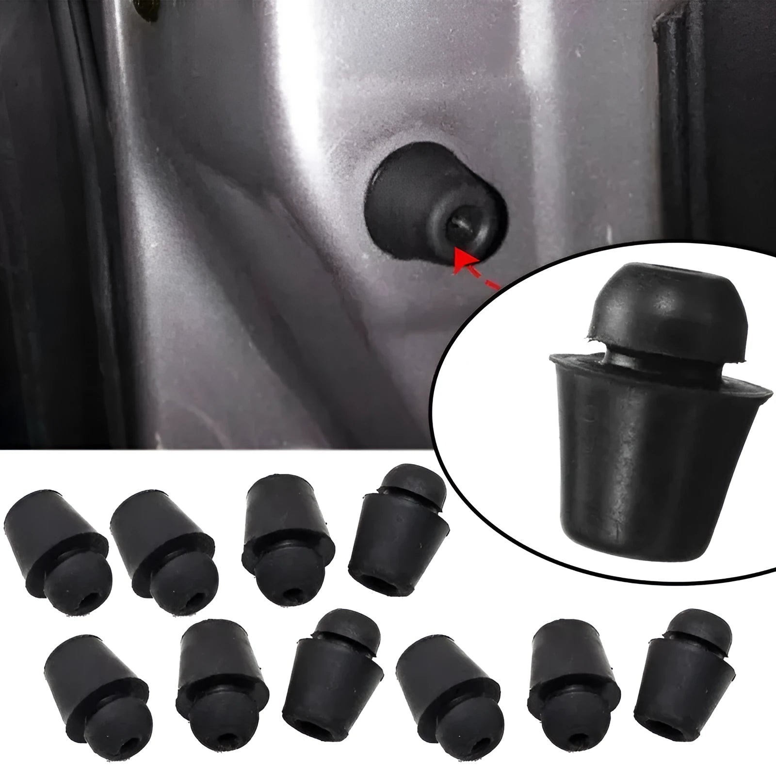 Ten black rubber automobile damping clips for shock absorption on a white background.