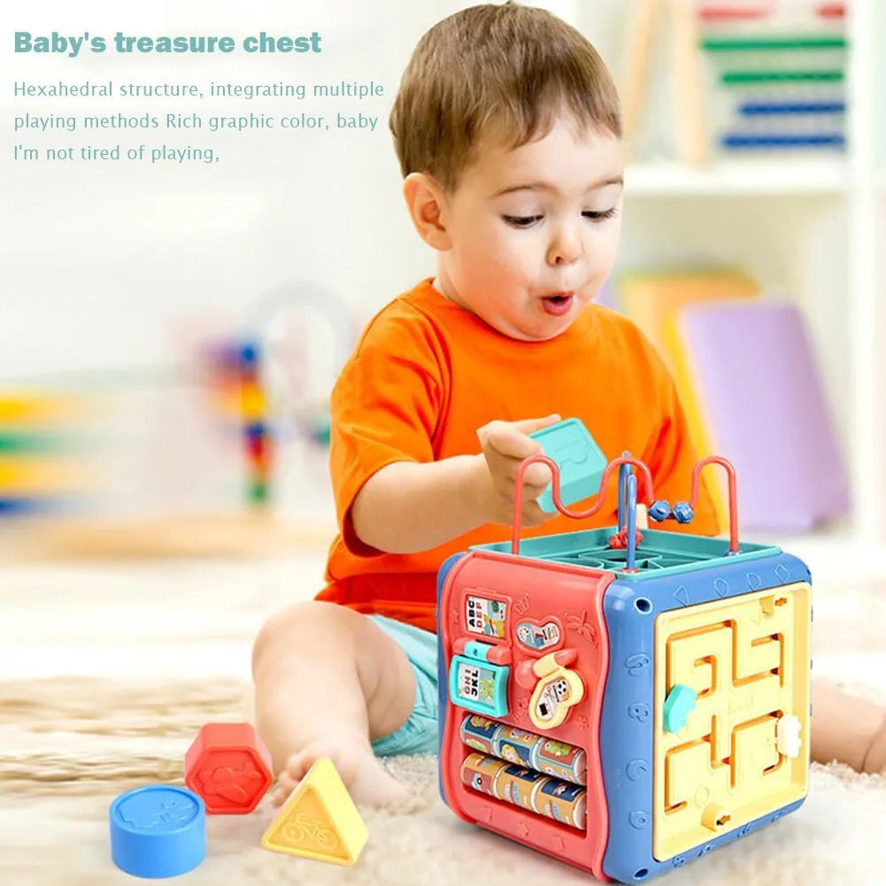 Colourful baby educational hexahedron cube with bead maze, gears, and clock for toddler learning