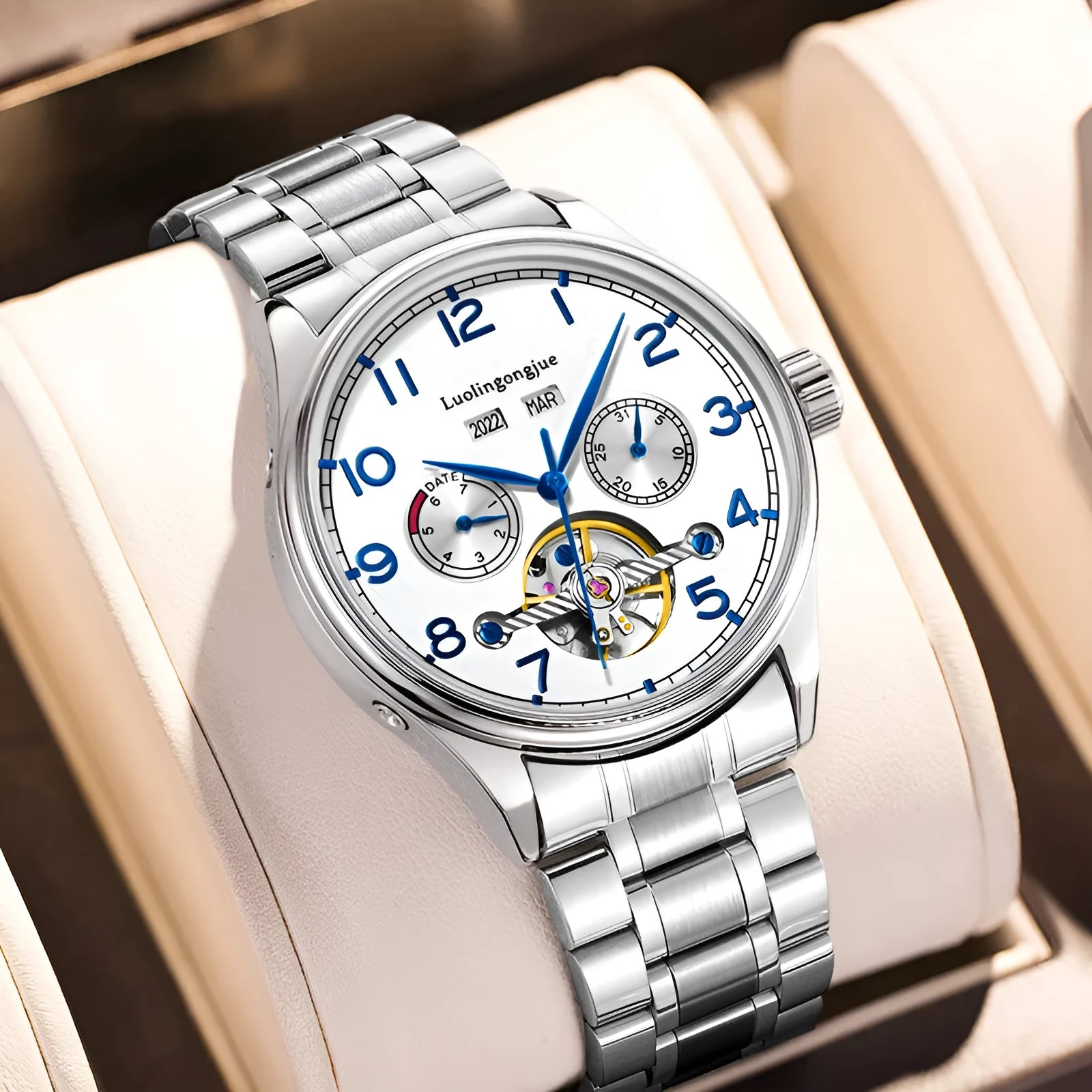 Men's mechanical business watch with hollow design showing movement and sapphire crystal glass