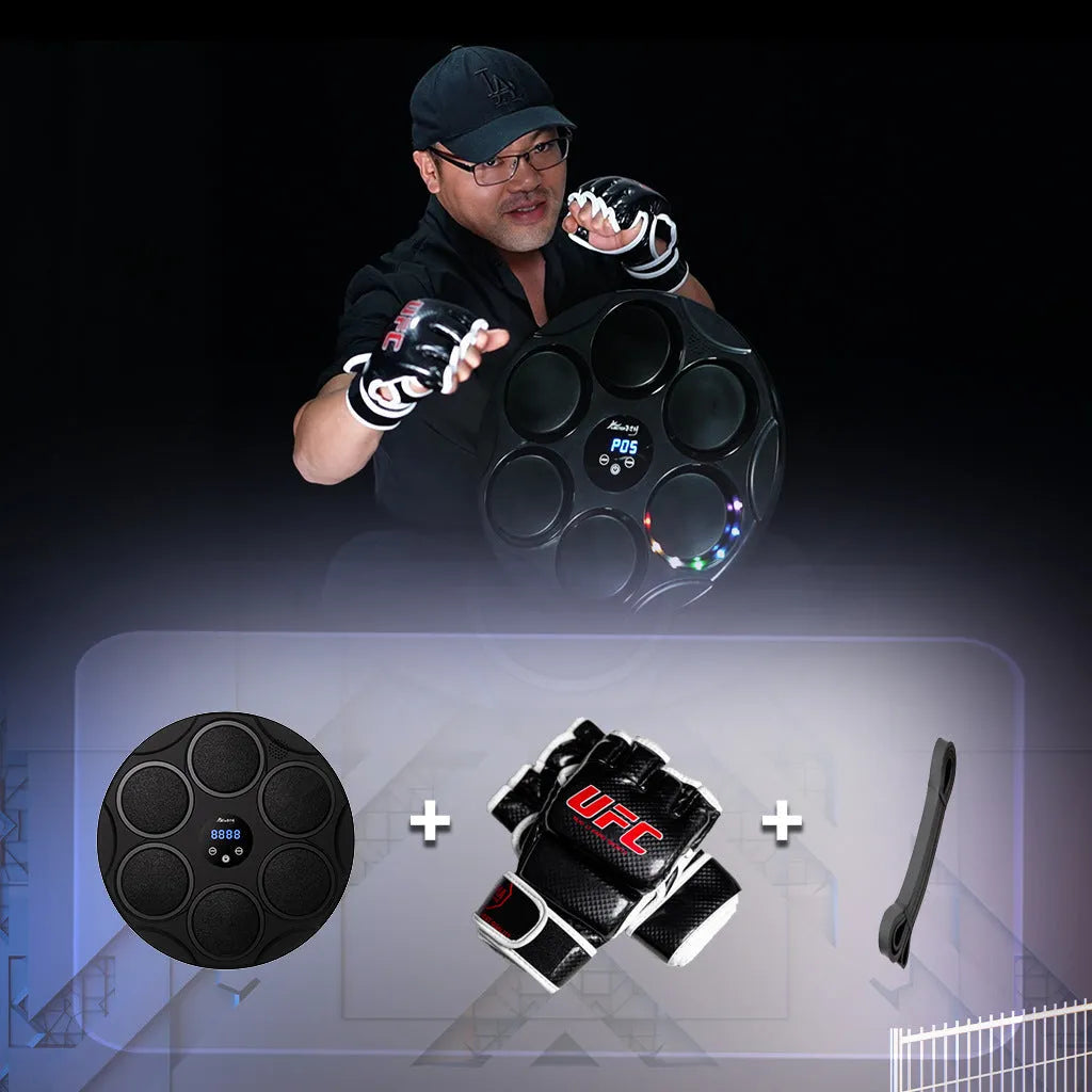 Black wall-mounted smart boxing target with coloured LED lights and Bluetooth connectivity for fitness training