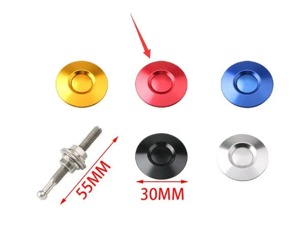 30mm diameter aluminium alloy engine cover lock with screw, shown in assorted colours.