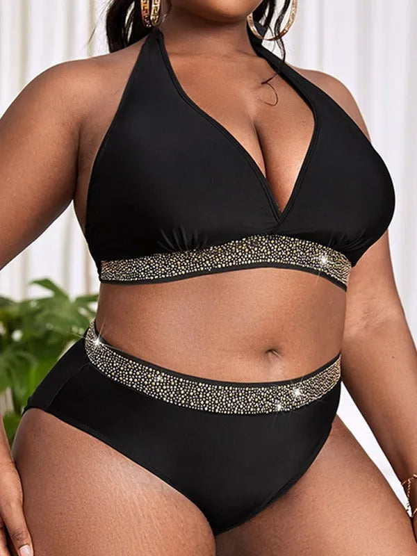 Black plus size women's swimsuit bikini with bra top and shorts for swimming