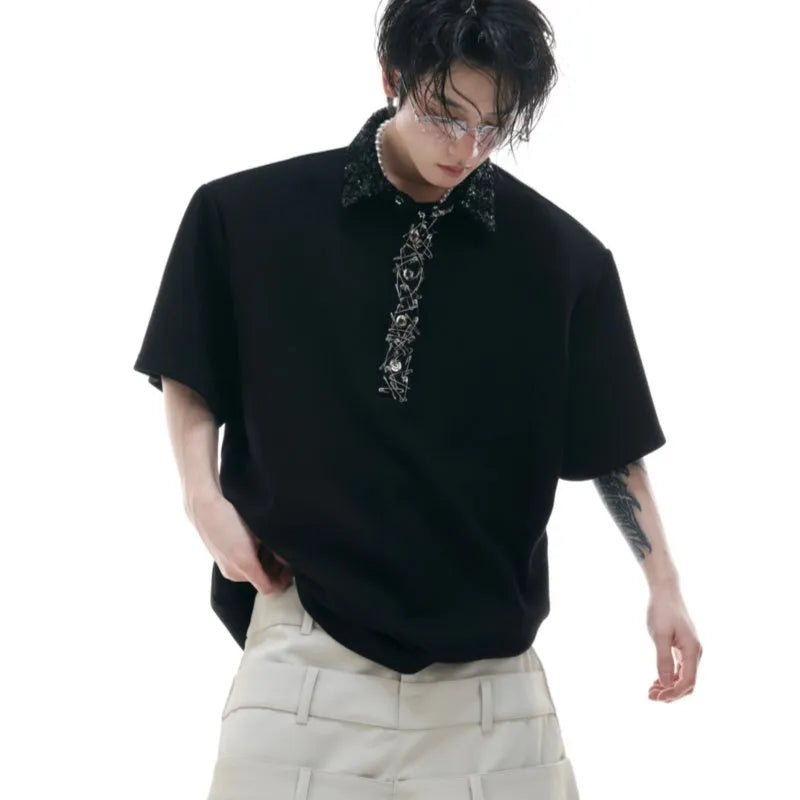 Men's black loose fit polo shirt with embroidery sequins on the square collar.