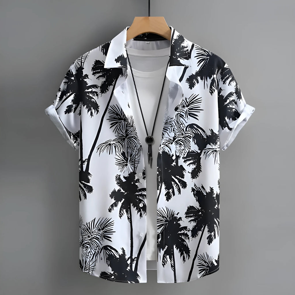 Hawaiian men's shirt with 3D printed colour pattern and short sleeves