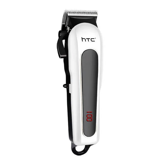 Professional digital hair clipper in black, red, or white with brushless motor, charger, and 4 limiting combs.