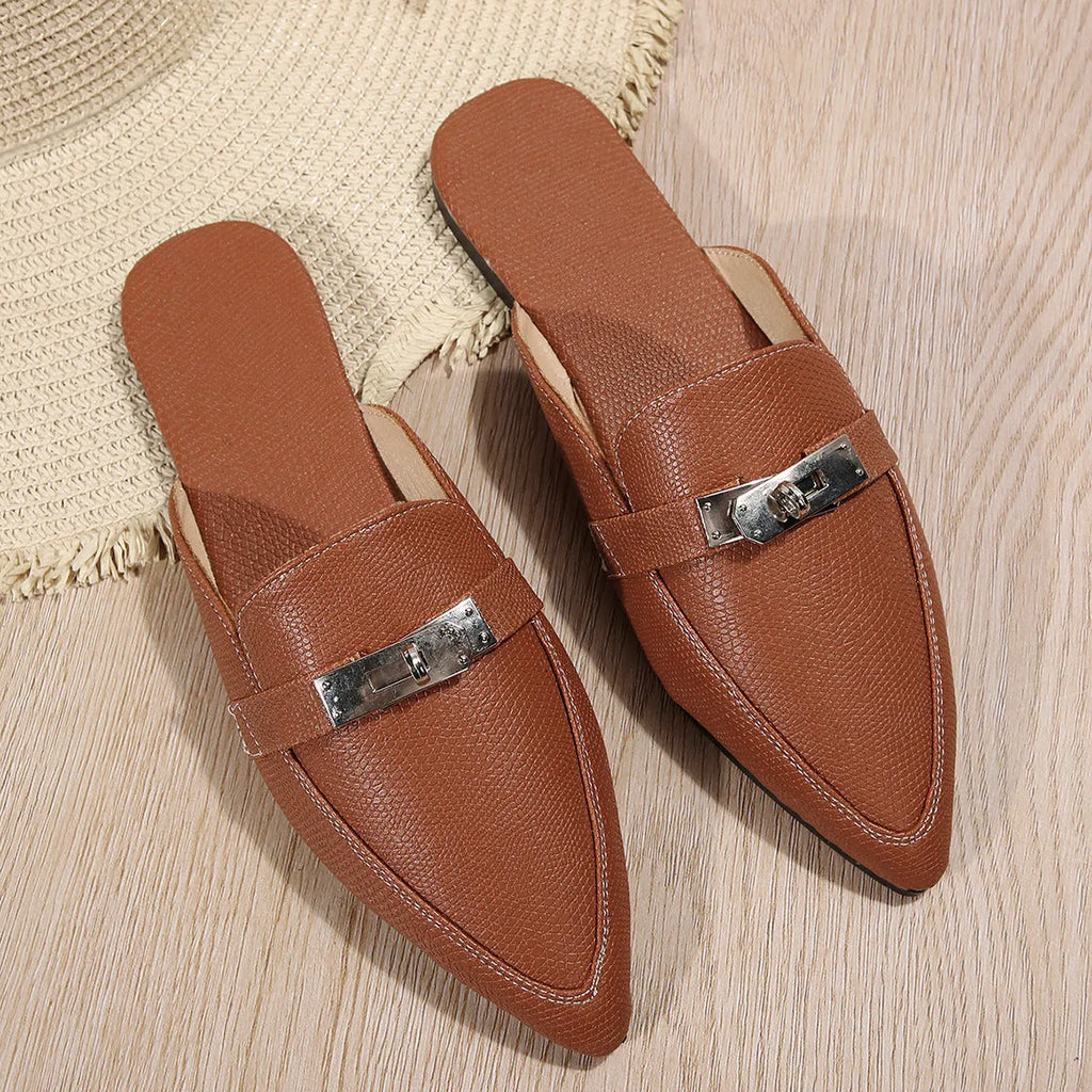 Light brown women's pointed-toe low heel semi-slippers on a white background