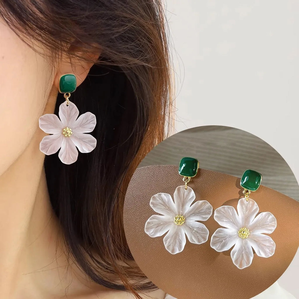 Dark green alloy needle flower dangle drop earrings for women showing sweet floral design details