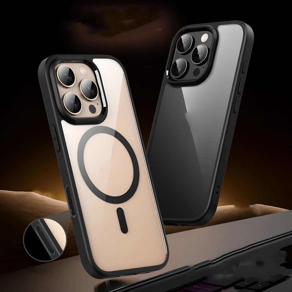 Black transparent magnetic iPhone 16 case showing airbag protection structure and magnetic ring.