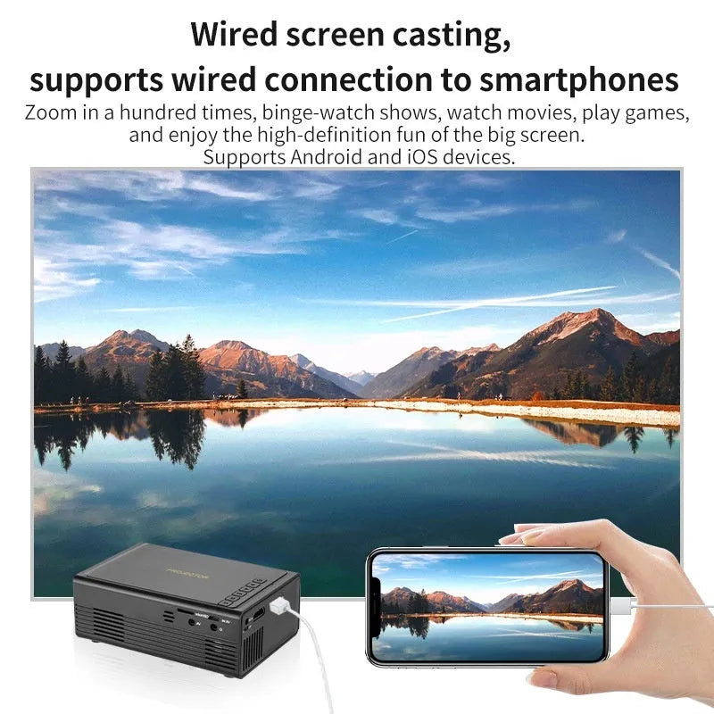 Black or white portable mini projector with wired mobile phone connection capability