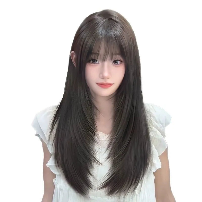 Black long straight high layered full-head wig for women made from high-temperature fibre