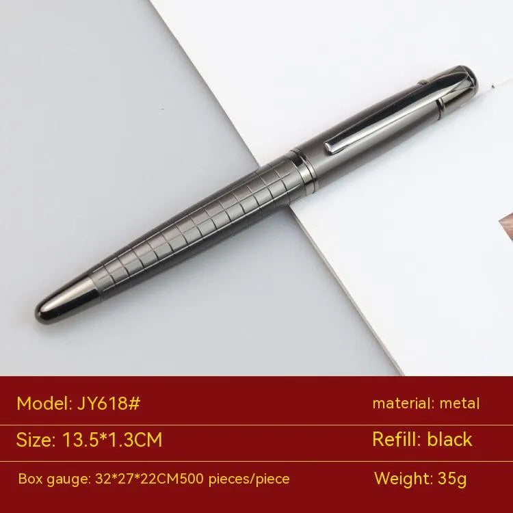 Gun grey metal rollerball pen with 13.5cm barrel shown alongside black and blue refills
