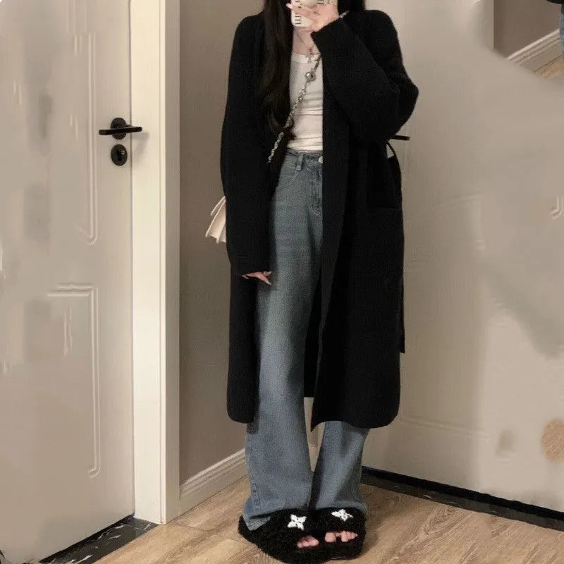 Women's loose thick chenille cardigan with 65cm length in dark grey colour