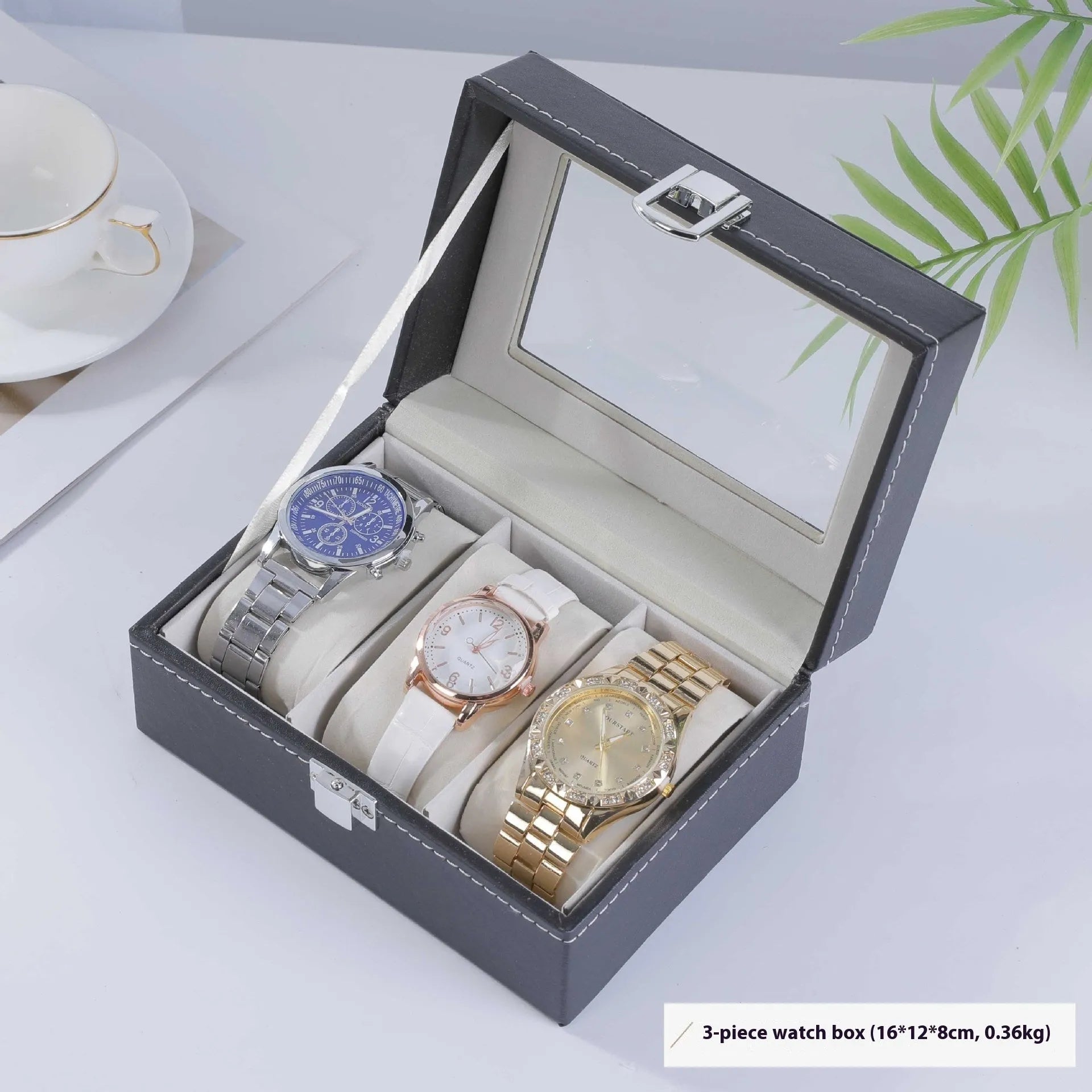 Grey high-grade leather watch storage box with transparent lid showing watch slots inside.