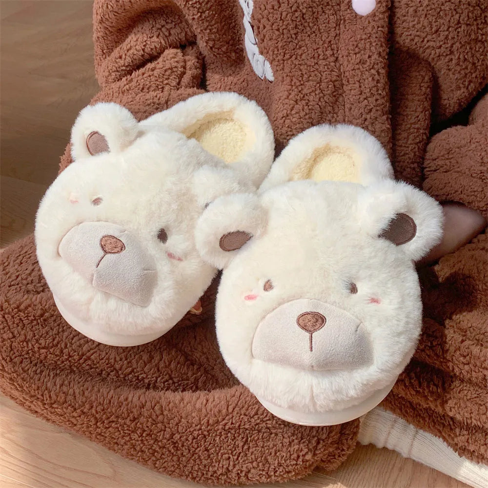 Womens cartoon pattern suede plush slippers with round toe in milky white colour