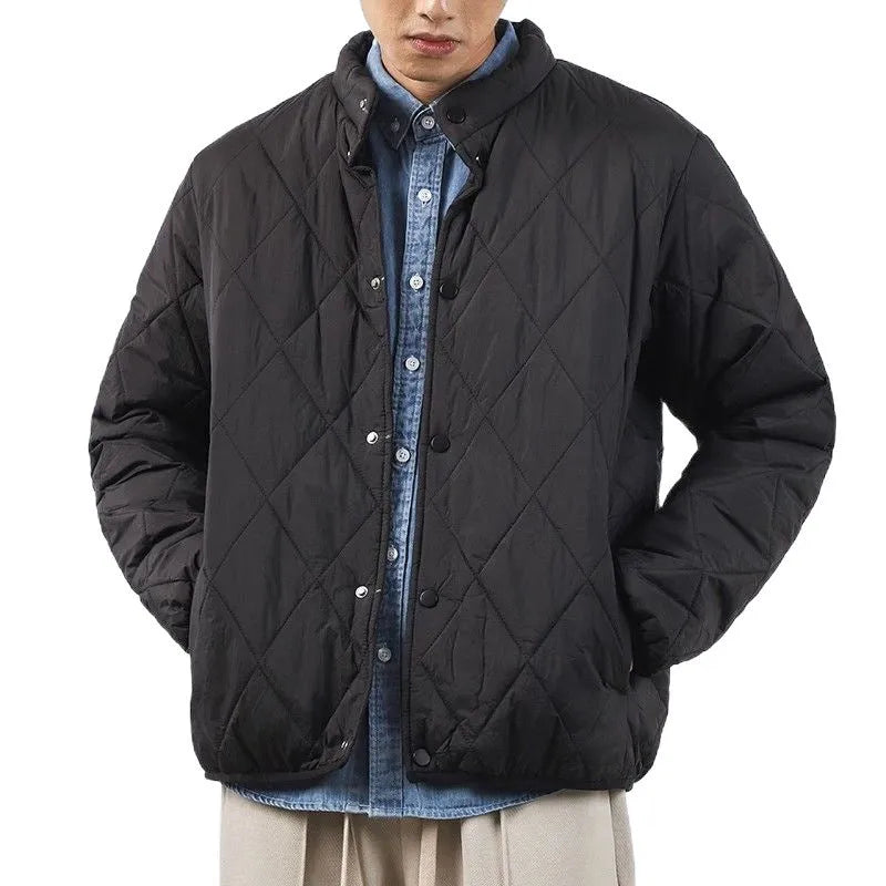 Men's black diamond lattice pattern cotton-padded winter jacket with a lengthened loose fit.