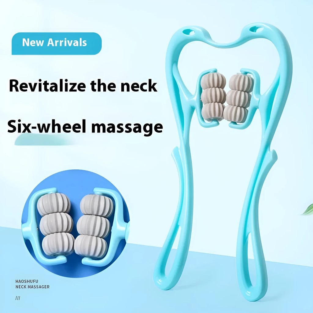 Blue handheld plastic massager with six rotating wheels for neck, shoulder, and back.