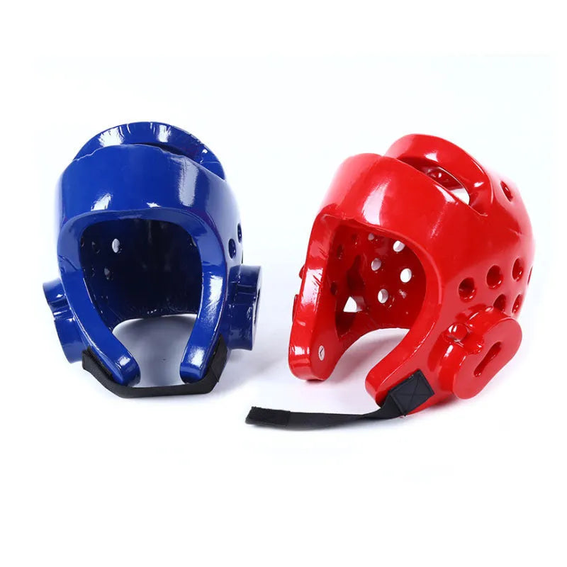 Red and blue martial arts protective gear set showing leg guards and a helmet on a white background.