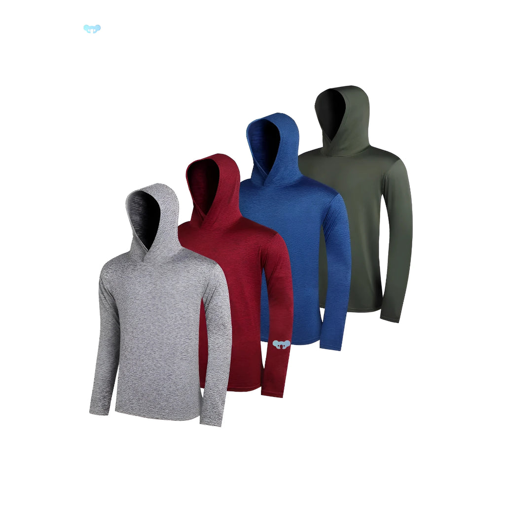 Set of four men's lightweight polyester hoodies on a hanger, showing colour options and style with hat.