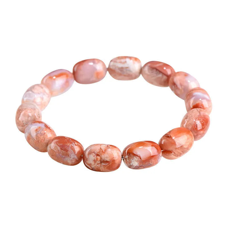 Natural cherry agate barrel bead bracelet with Ruyi elements measuring 10x14mm