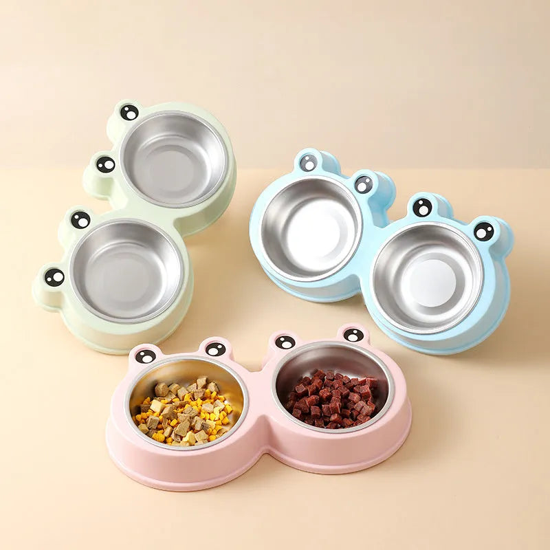 Blue frog-shaped stainless steel double pet bowl for food and water, shown in large size.
