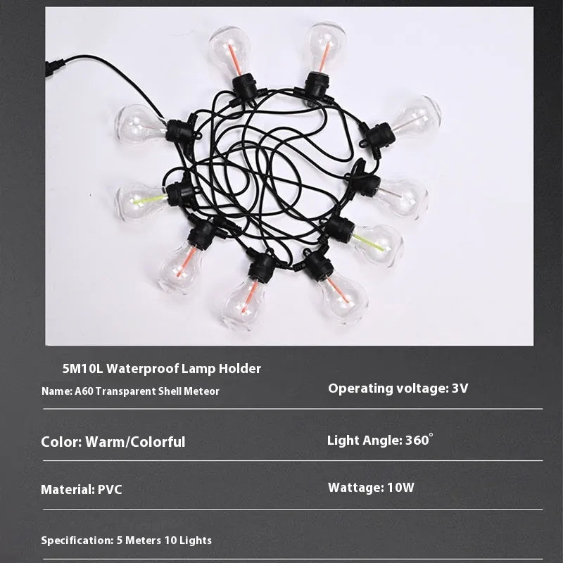 Outdoor waterproof string lights with 10 warm white LED bulbs on 5 metre cable for garden and wedding decoration