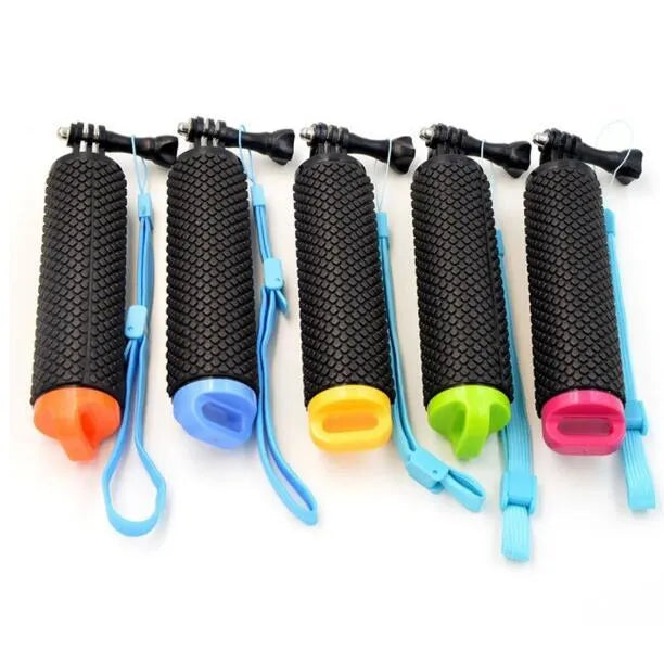 Floating selfie stick for action cameras in blue, green, orange, pink or yellow with wrist strap