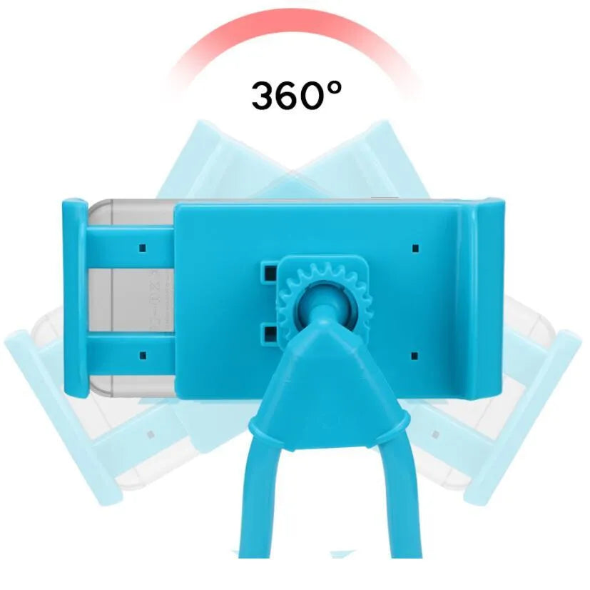 Universal 360-degree rotating phone holder in multiple colours on a table, holding a smartphone.