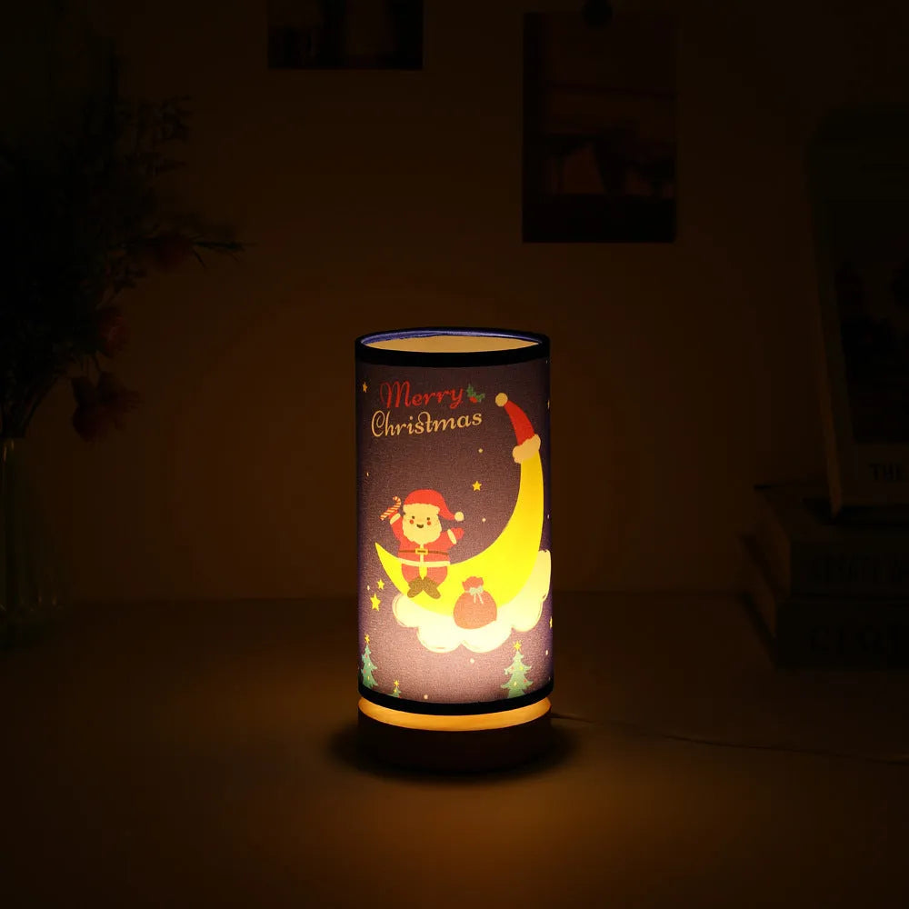 Moon-shaped Santa Claus LED night light with a bamboo base and a white USB plug.