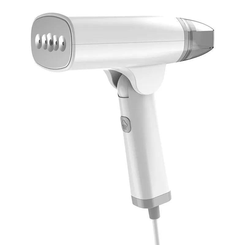 Handheld garment steamer in blue colour showing compact design with water tank