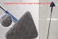 Blue extendable triangle cleaning mop with rotating head and long stainless steel pole on a tiled floor.
