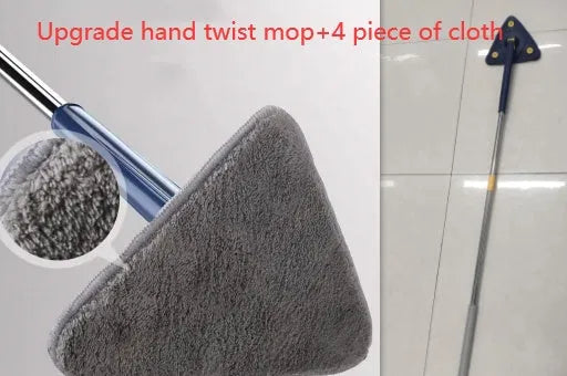 Blue extendable triangle cleaning mop with rotating head and long stainless steel pole on a tiled floor.