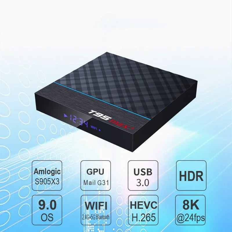 Black T95 Max Plus Android TV box with remote control, showing choice of UK, US, and EU plug options.