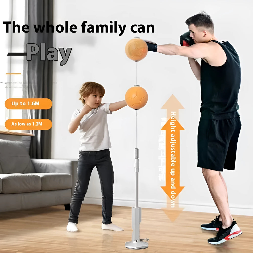 Vertical boxing reaction speed ball system with roly-poly base, focus mitts, and vent sandbag for home training